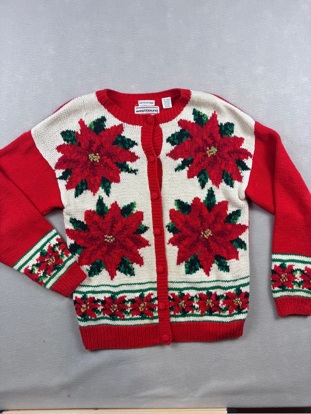 Vtg 90s Hand Knit Christmas Holiday Cardigan Westbound Poinsettia Medium